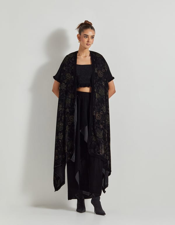 Black Velvet Hand Block Print Longline Cape — Kavita Bhartia