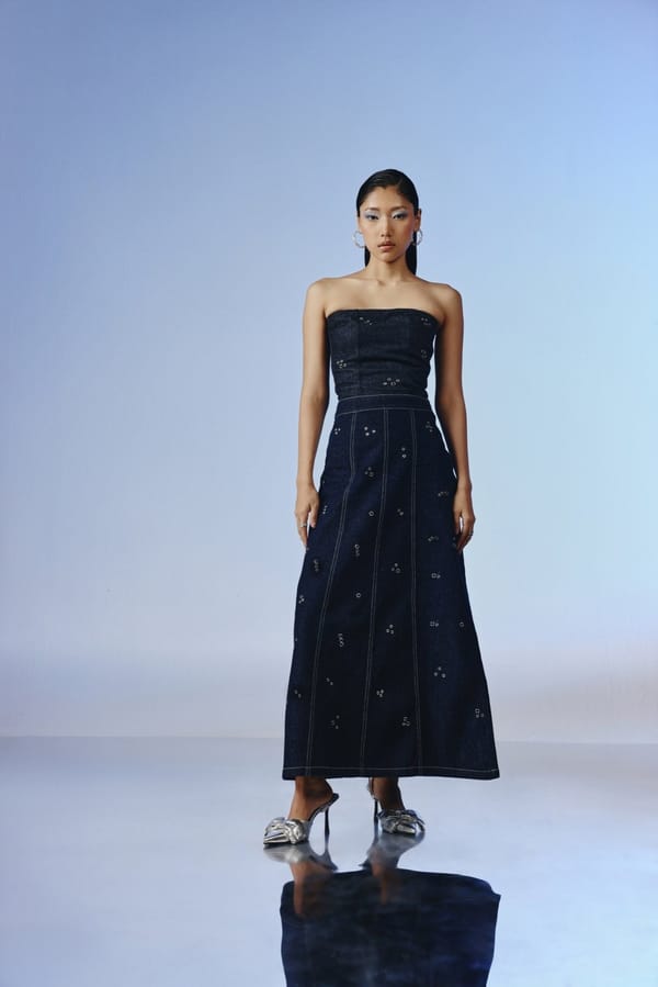 Deep Indigo Strapless Denim Top with Eyelet Detail — quietBOLD