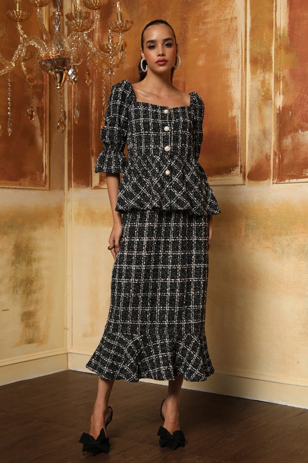 Metallic Tweed Plaid Peplum Co-ord Set — BOHO-CHIC