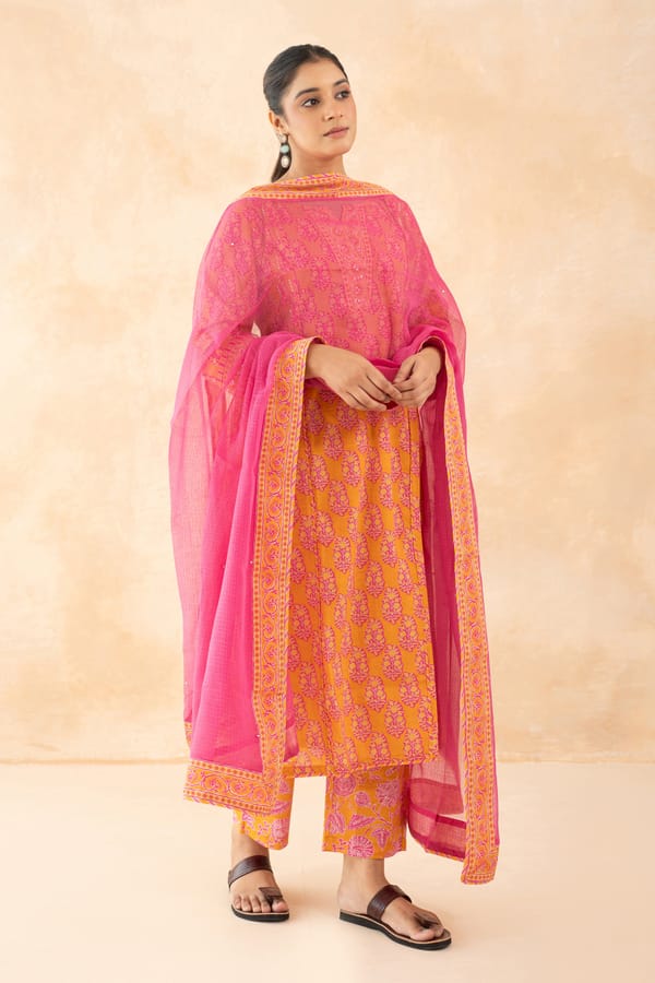 Cotton Gud But Print Kurta Set in Mustard & Pink — CHHIPA JAIPUR