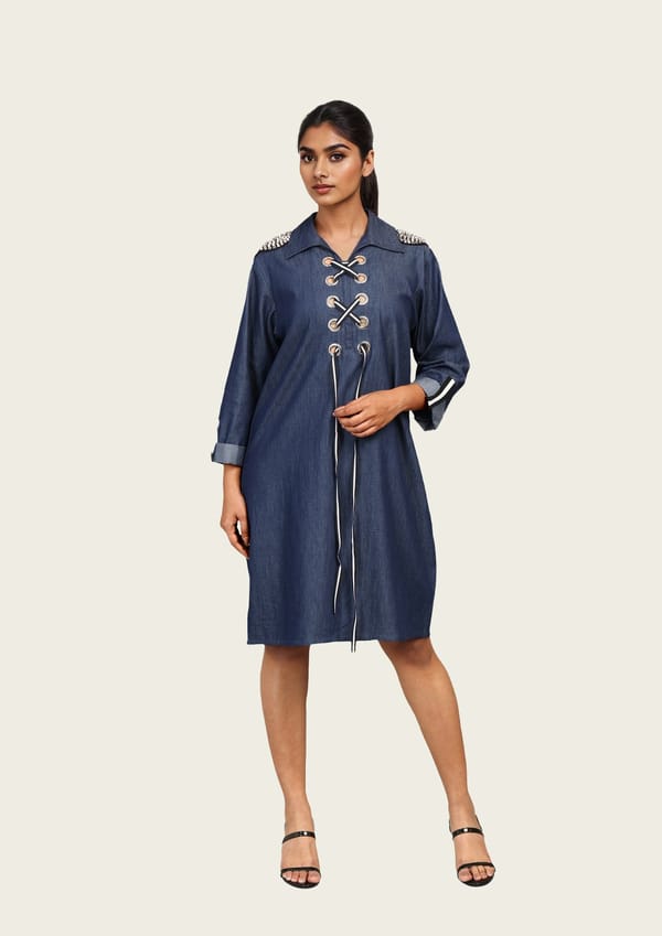 Denim Cotton Dress with Embroidery — Richa Goenka