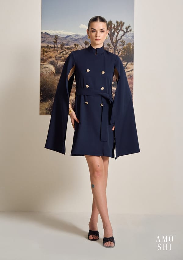 Navy Crepe Cape Mini Dress with Detachable Belt — AMOSHI