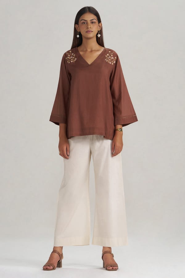 Cocoa Brown Embroidered Mul-Mul Tunic — Ganga Fashions Pvt Ltd