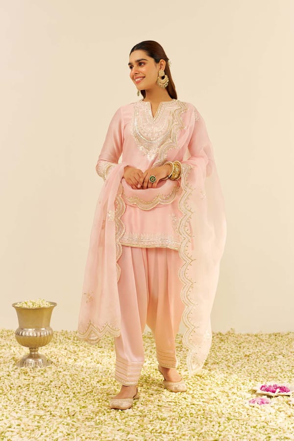 Blush Pink Chanderi Silk A-Line Kurta Set with Embroidery — Sheetal Batra