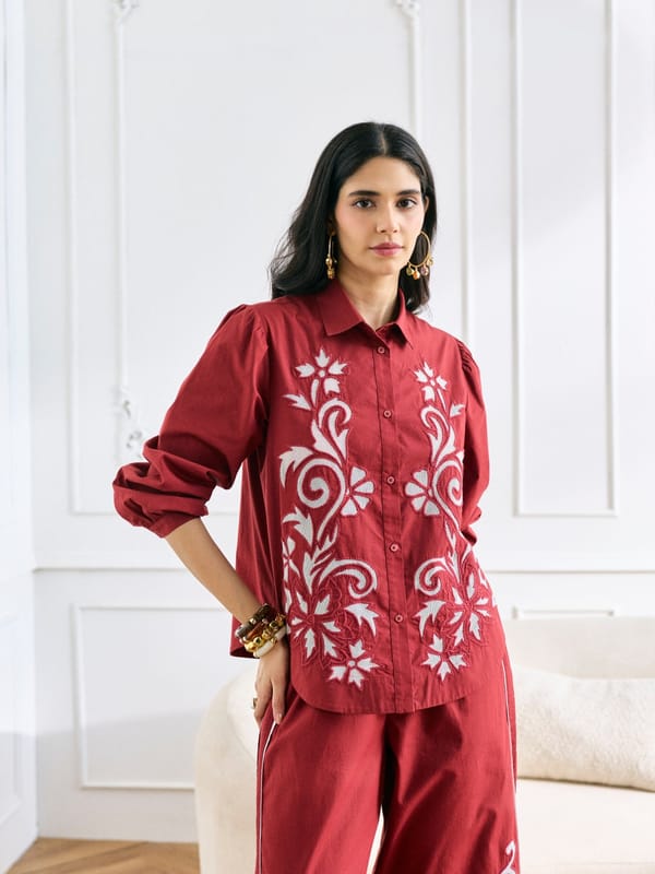 Red Cotton Poplin Embroidered Button-Down Shirt — Style Island