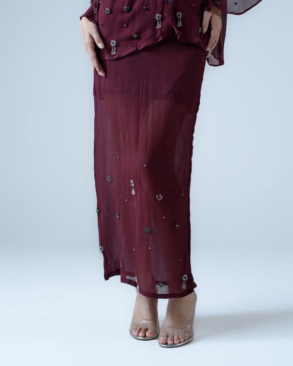 Wine Silk Chiffon Embellished Asymmetric Midi Skirt — MAGIA