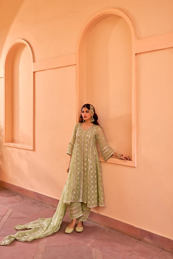 Green Organza Anarkali Kurta Set with Embroidery — NARAYANI VASTRA