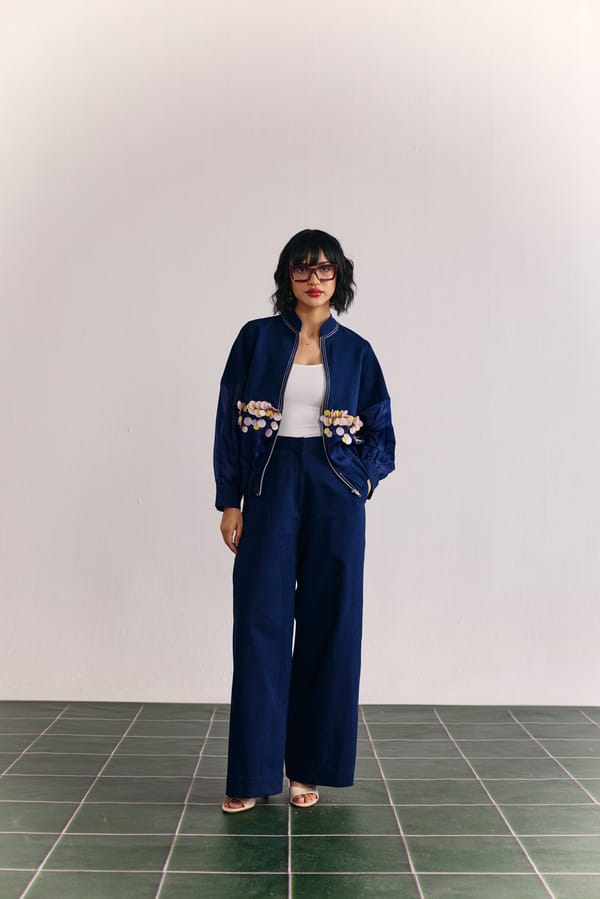 Denim-Organza Embellished Bomber Jacket Coord — HOUSE OF HEATHER