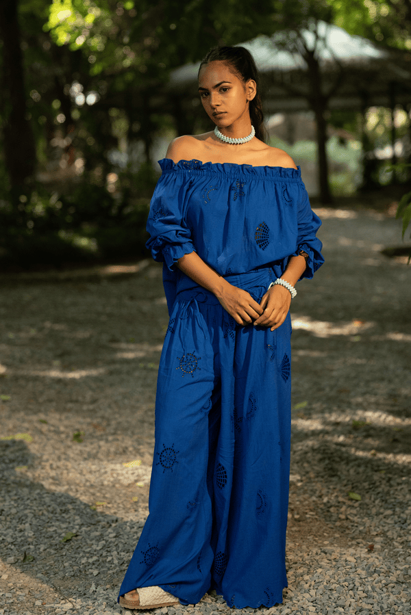 Blue Wide-Leg Cotton Cutwork Trousers with Drawstring Waist — BEACHBUM