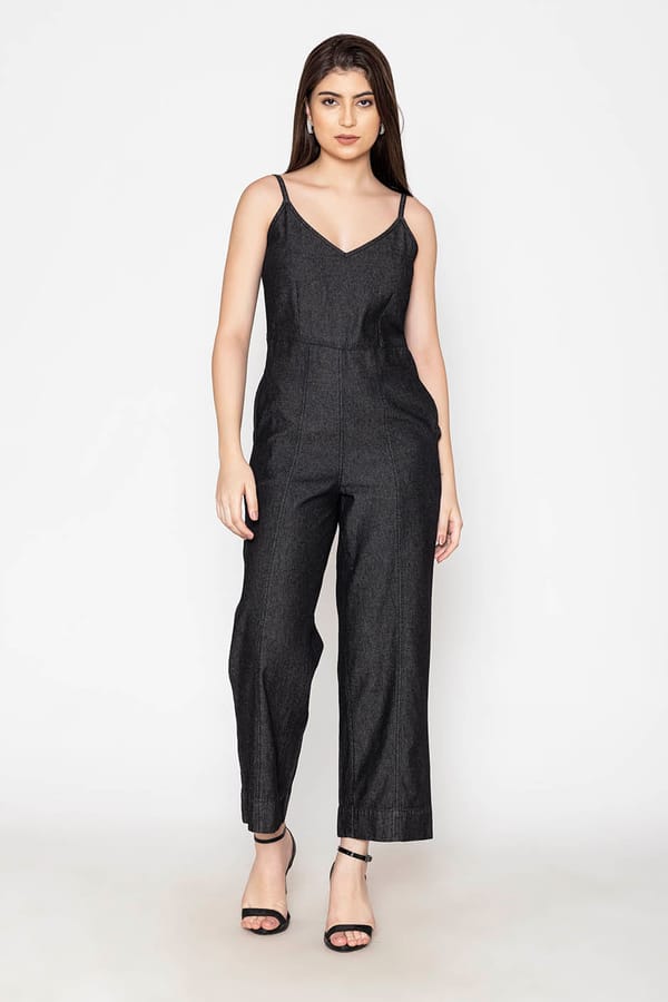 Black Denim V-Neck Wide-Leg Jumpsuit — Designs by Queen Bee