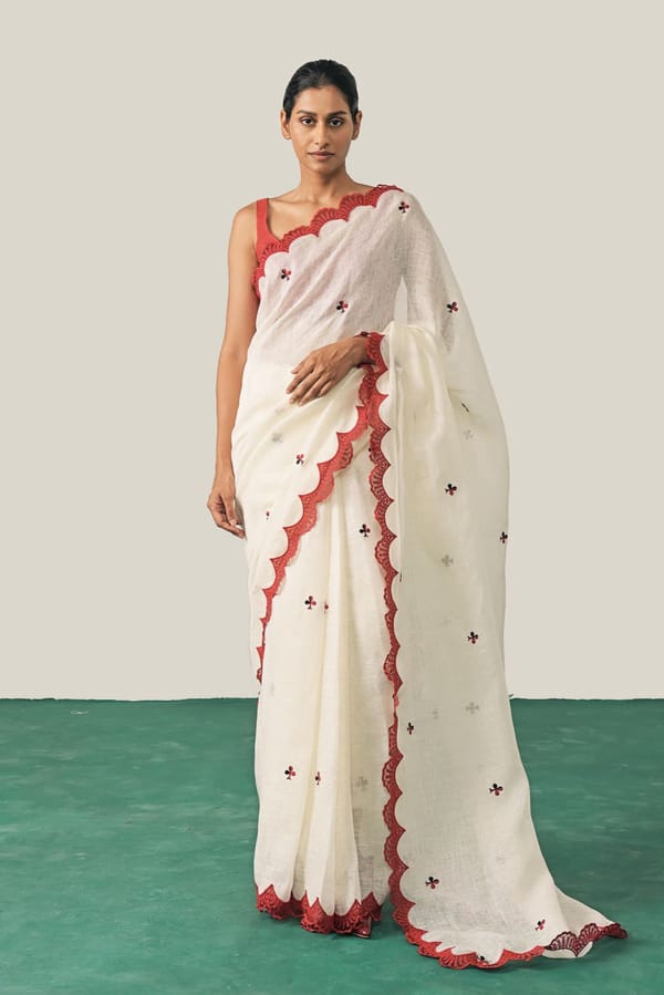 Ivory Gauze Linen Saree with Red Scalloped Border — YELL