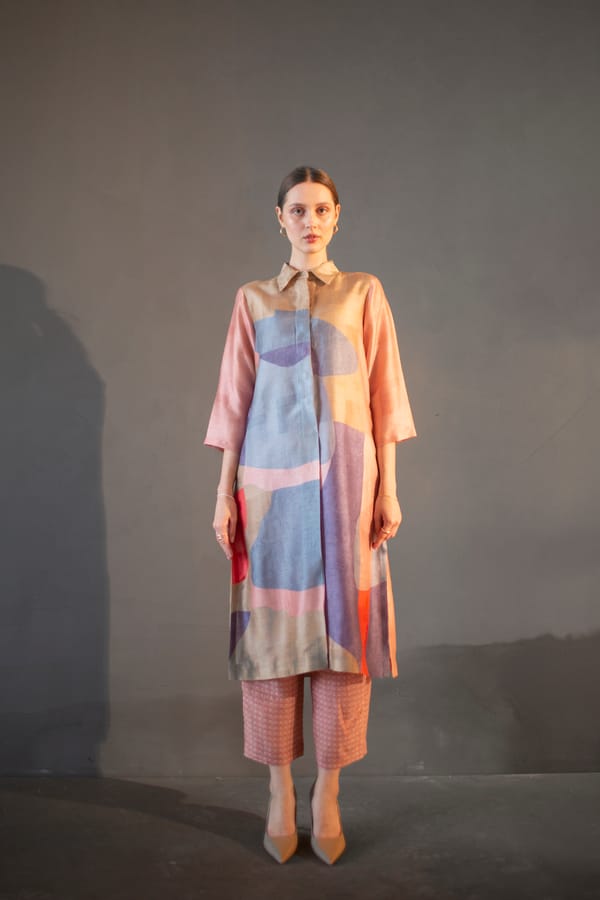 Peach & Blue Long Straight Kurta Set — CLOS