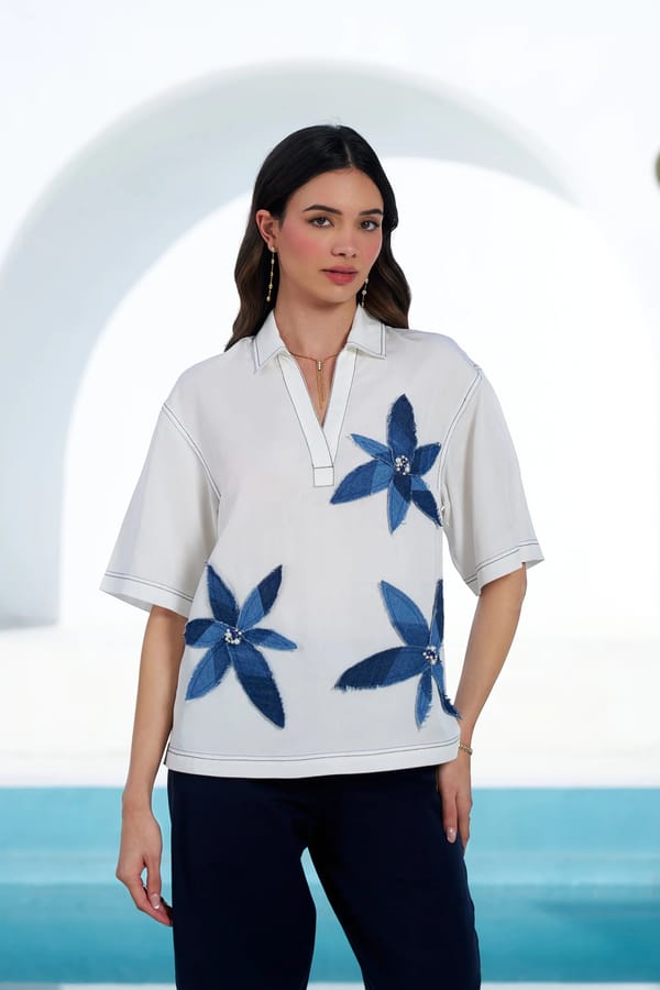 White Collared Blue Floral Appliqué Popover Top — STITCH STORIES