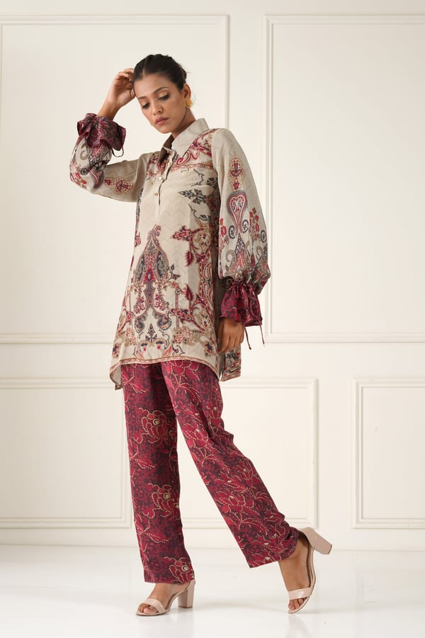 Light Mouse and Maroon Printed Shirt and Pant Co-ord Set — NEETIKA CHOPRA