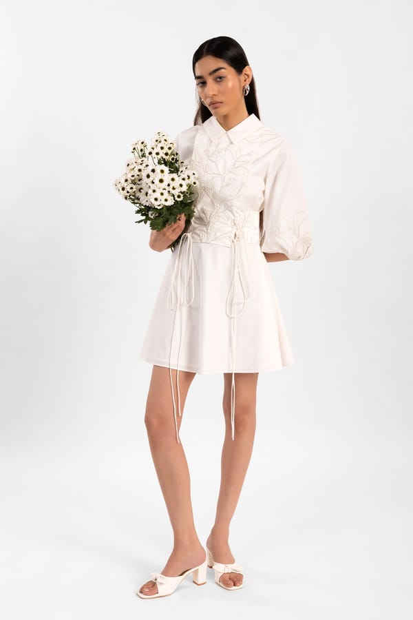 White Embroidered Shirt Collar Fit and Flare Mini Dress — Contemponari
