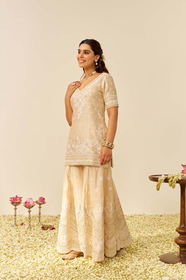 Beige Embroidered Short Kurta and Sharara Set — Sheetal Batra