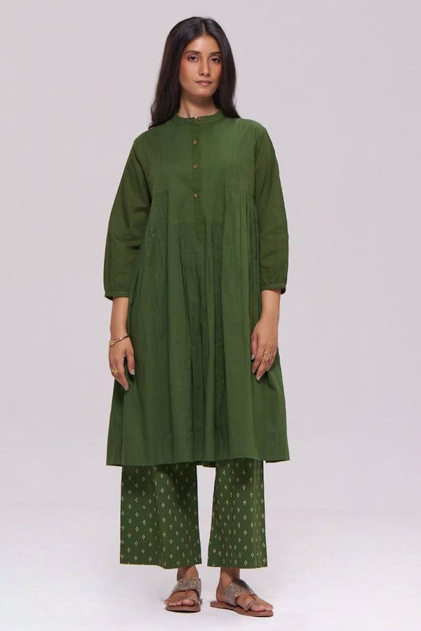 Vineyard Green Cotton Kurta and Printed Pants Co-ord Set — Ganga Fashions Pvt Ltd