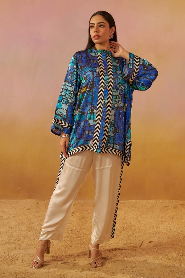 Blue Abstract Print Tunic and Pants Co-ord Set — Rainas