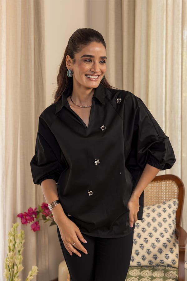 Black Satin Lycra Relaxed-Fit Embellished Shirt — Eko Clothing