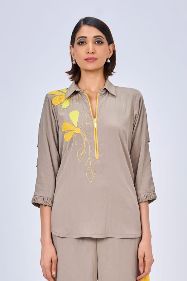 Sand Zip-Neck Collared Top with Yellow Floral Applique — KOR