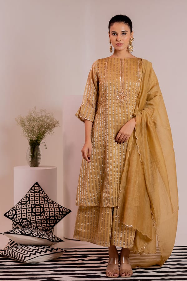 Gold Zari Striped Chanderi Kurta Set with Dupatta — Silai studio