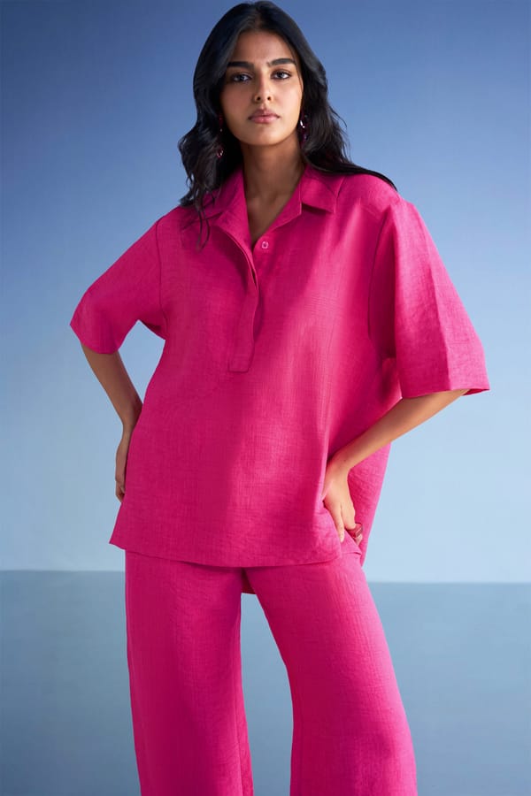 Fuchsia Linen-Textured High-Low Popover Top — Dash and Dot