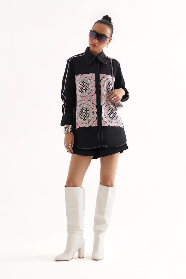 Black Cotton Satin Shirt with Fuchsia Lace Patchwork — Our Love