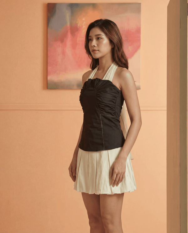 Black Corset Halter Top with Ivory Tie and Lace-Up Back — Sage by Mala