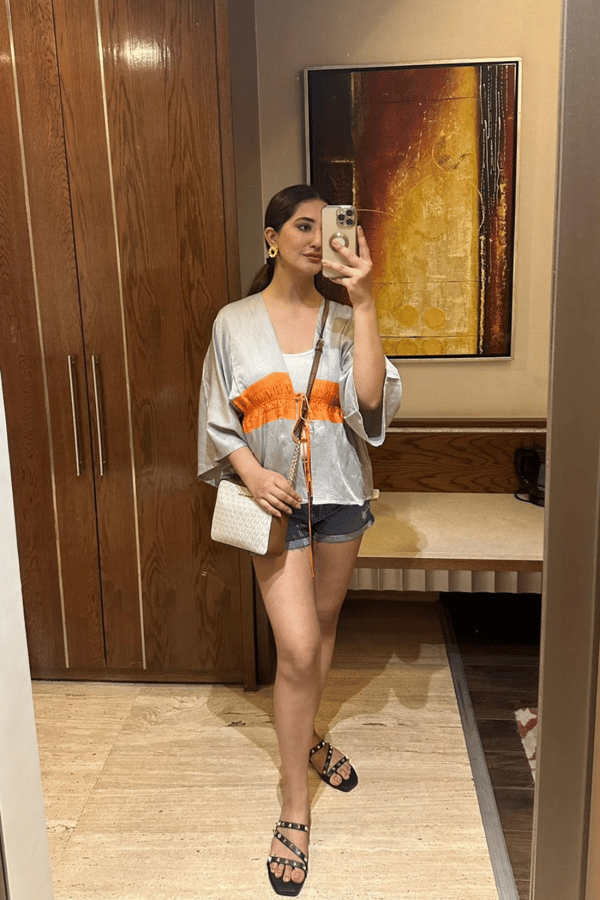 Grey Orange Colorblock Short Cape with Drawstring Waist — Neora