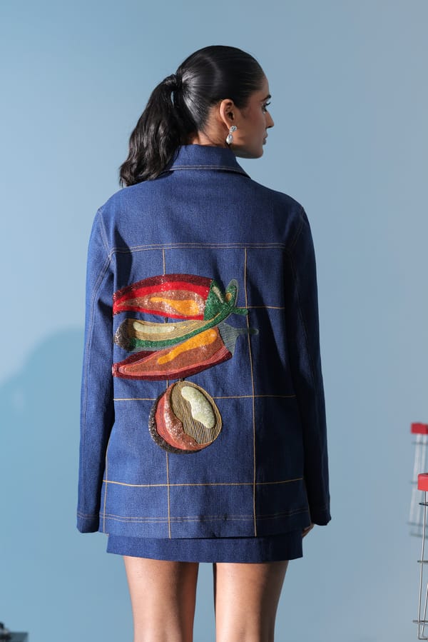 Blue Denim Belted Zip-Front Jacket with Back Embroidery — MANVI DAGA STUDIO