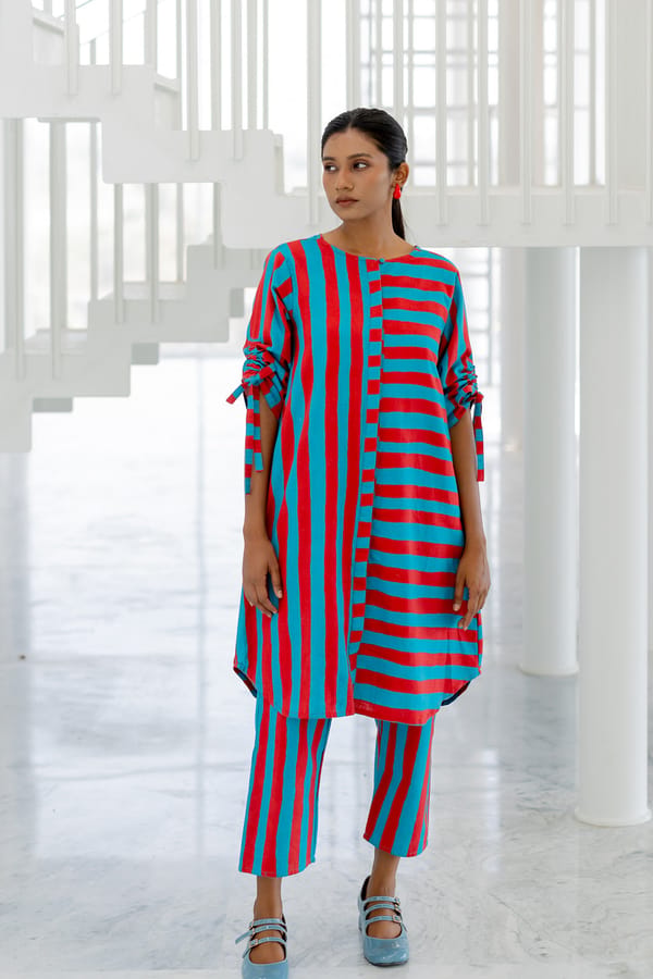 Blue and Red Striped Tunic and Pants Co-ord Set — Silai studio