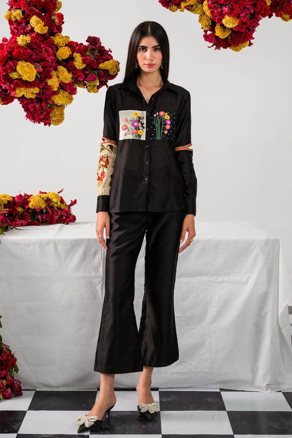 Black Silk Embroidered Patch Shirt — The Dramebaaz Company