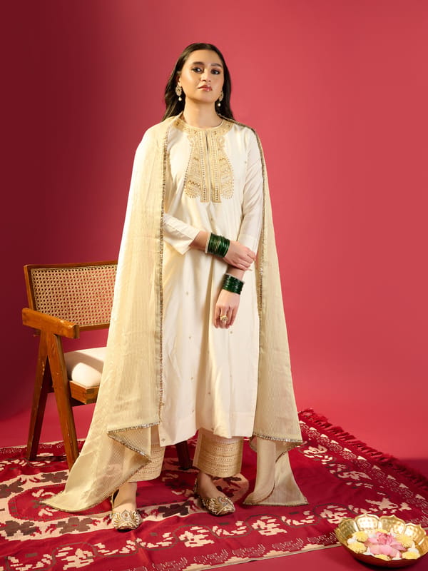Off-White Straight Long Kurta Set — KOMAL SHAH