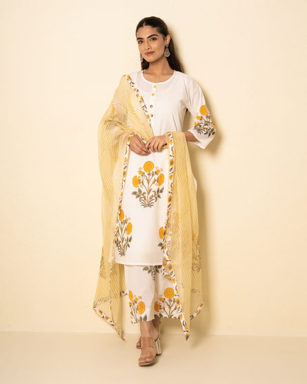 Summer White Cotton Floral Motif Block Print Suit Set (Set of 4) — Kameez