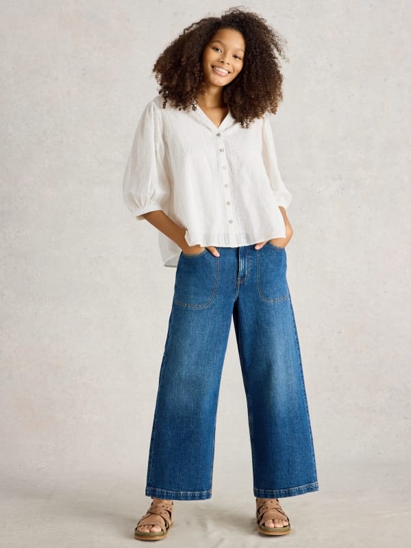 Natural White Embroidered Button-Front V-Neck Top — White Stuff