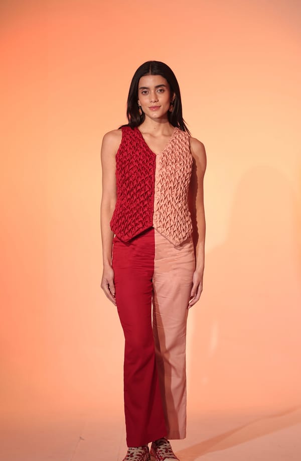 Red and Light Pink Smocked Waistcoat and Pants Co-ord Set — MANVI DAGA STUDIO