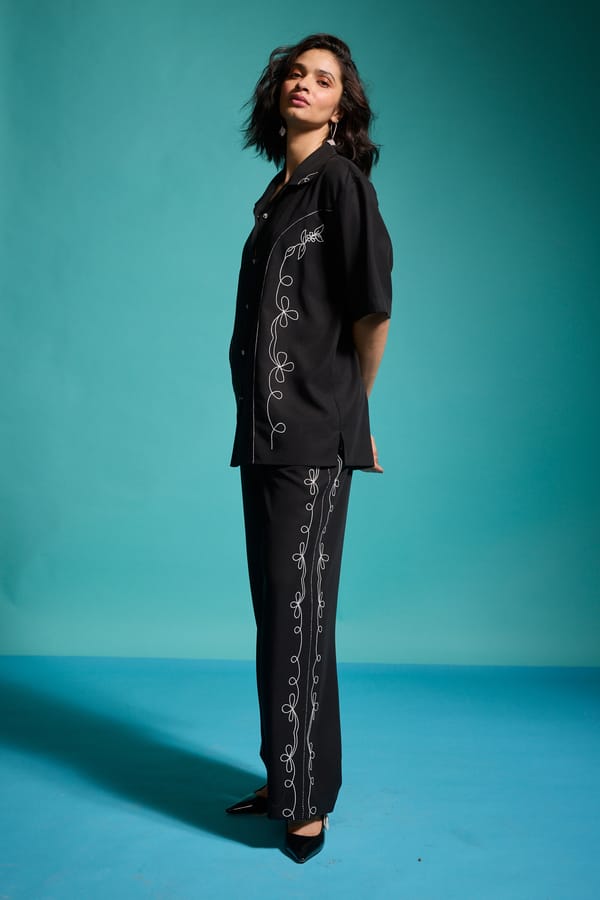 Black Tencel Wide-Leg Trousers with Side Embroidery — Dash and Dot