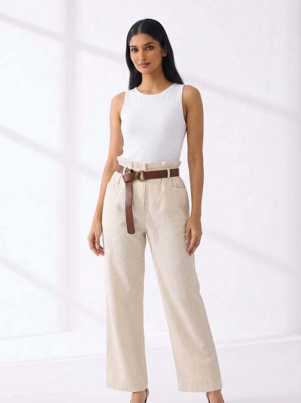 Beige High-Rise Wide-Leg Trousers with Belt — ASPRIN FASHION