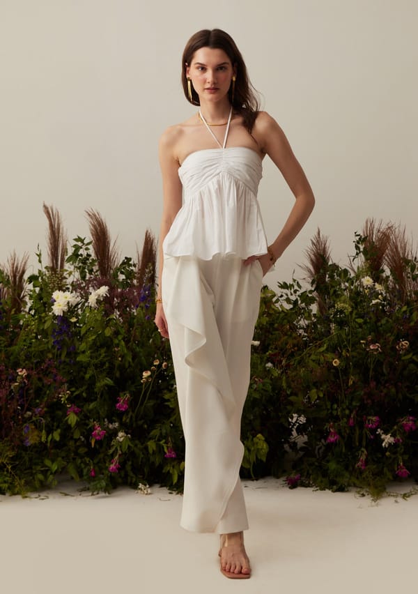 White Cotton Halter Peplum Top with Smocked Back — AMOSHI