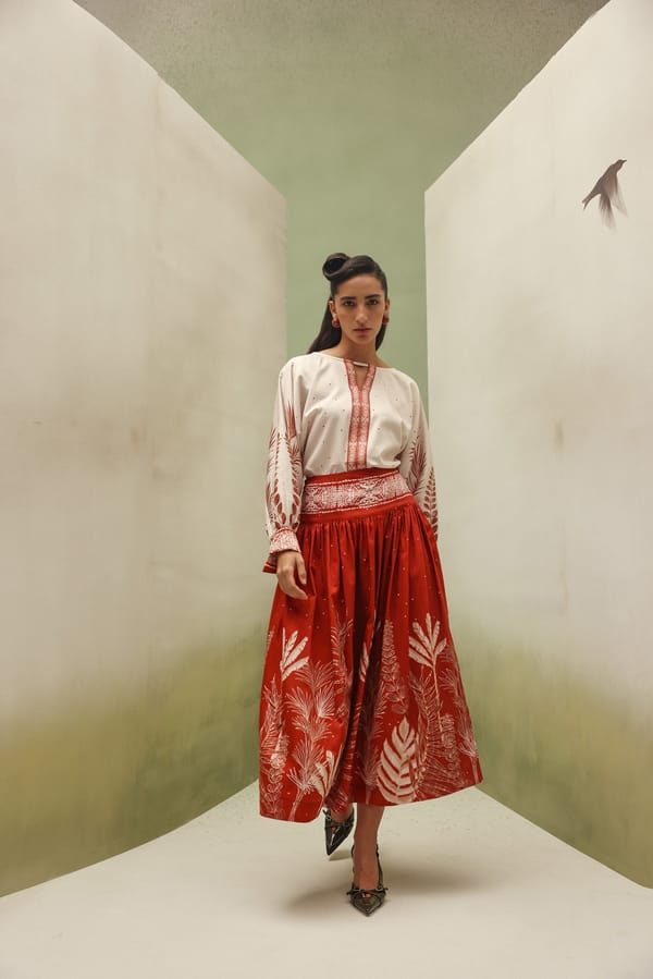 Red Tropical Print Cotton Satin Midi Skirt — SHOP NOIB