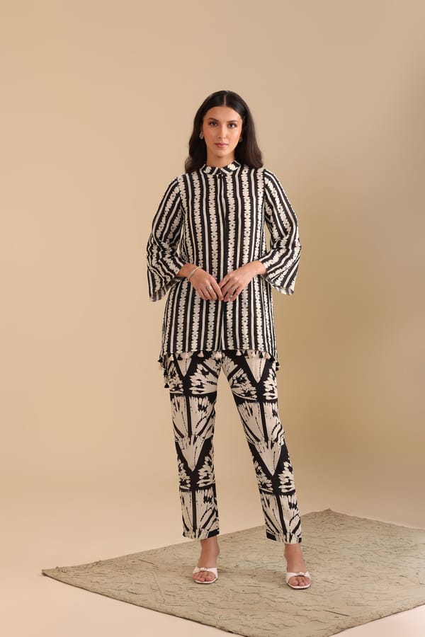 Black and White Asymmetric Shirt and Pants Co-ord Set — SOUP by Sougat Paul