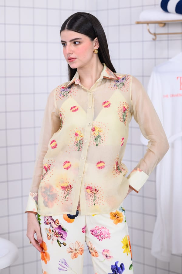Off-White Sheer Organza Embroidered Button-Down Shirt — The Dramebaaz Company