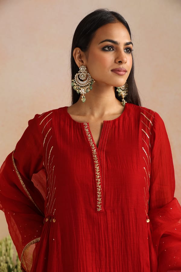 Red Kalidar Flared Kurta Set with Zari and Sequin Work — Trendy Tokari