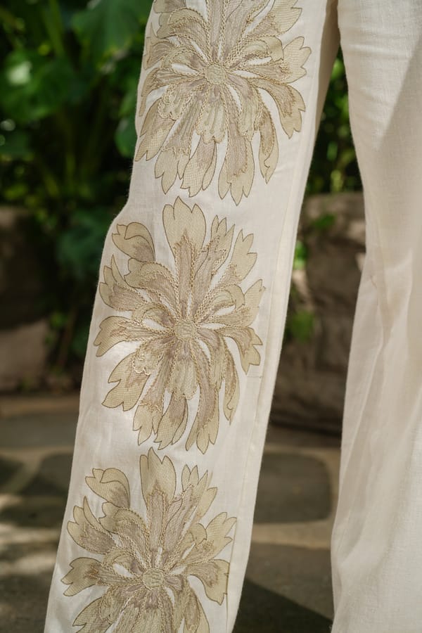 Cream Linen High-Rise Straight-Leg Trousers with Leg Embroidery — AARI