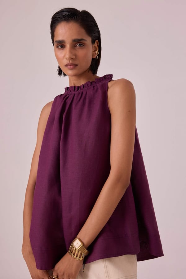 Purple Linen Halter Neck Flowy Top with Ruffle Neckline — The Summer House