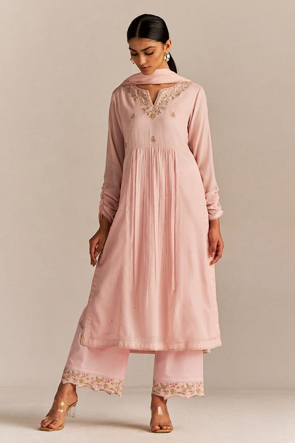 Crystal Pink Embroidered A-Line Kurta Set with Dupatta — Ganga Fashions Pvt Ltd