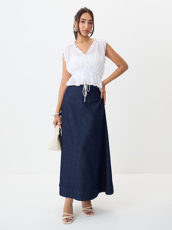 Navy Blue Denim A-Line Maxi Skirt with Side Zipper — Femmella