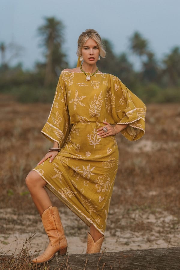 Green Off-Shoulder Printed Linen Midi Dress — Label Sugar