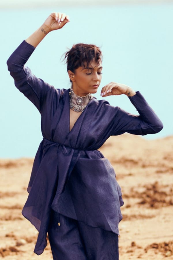 Midnight Blue Crinkled Sheer Organza Peplum Co-ord Set — Unrush