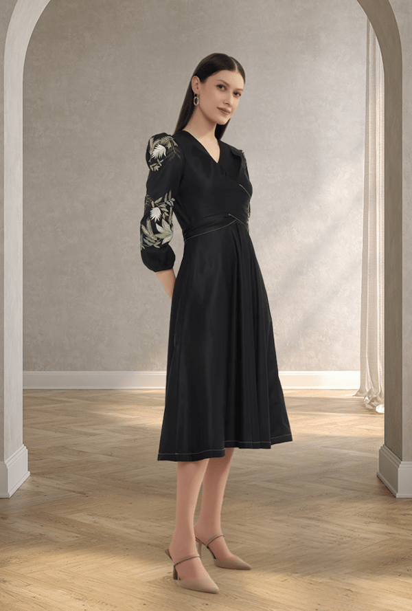 Black Fit and Flare Midi Dress with Embroidered Sleeves — Our Love